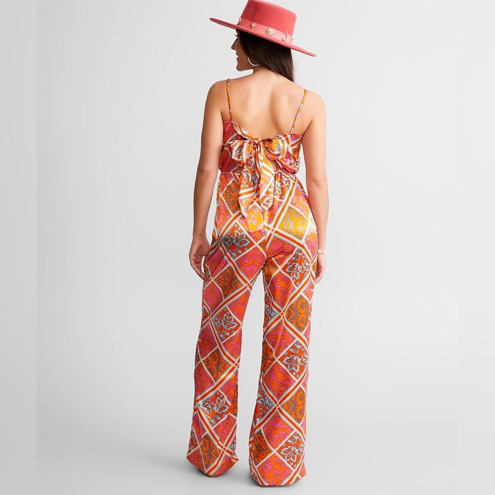 NWT willow & root Patchworks Satin Jumpsuit w/ Back Tie Wide Leg Flowy Beachy